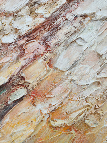 Close view of Meridian Strata cream, rust and sand layered texture