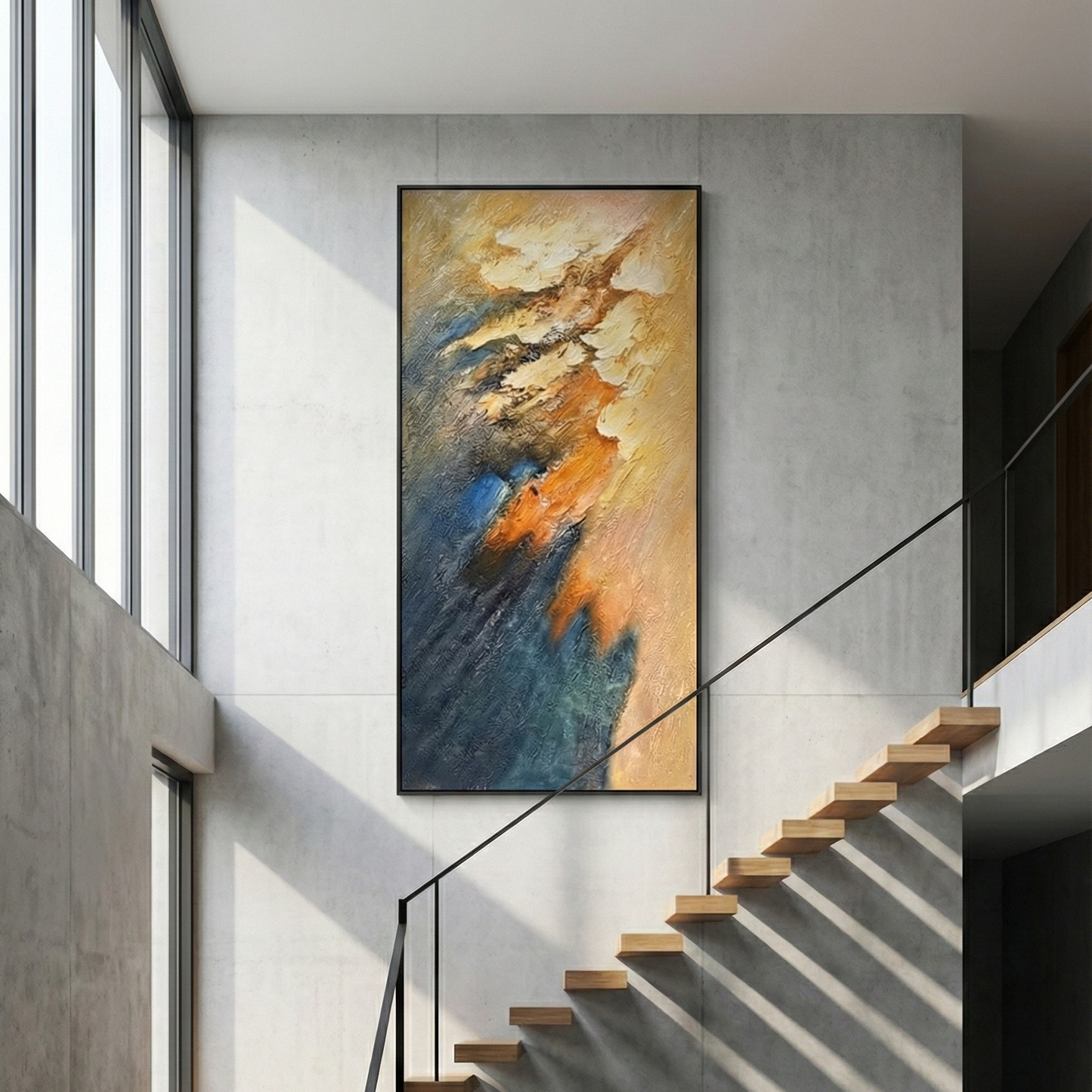 Meridian Strata large vertical artwork beside a modern stairwell
