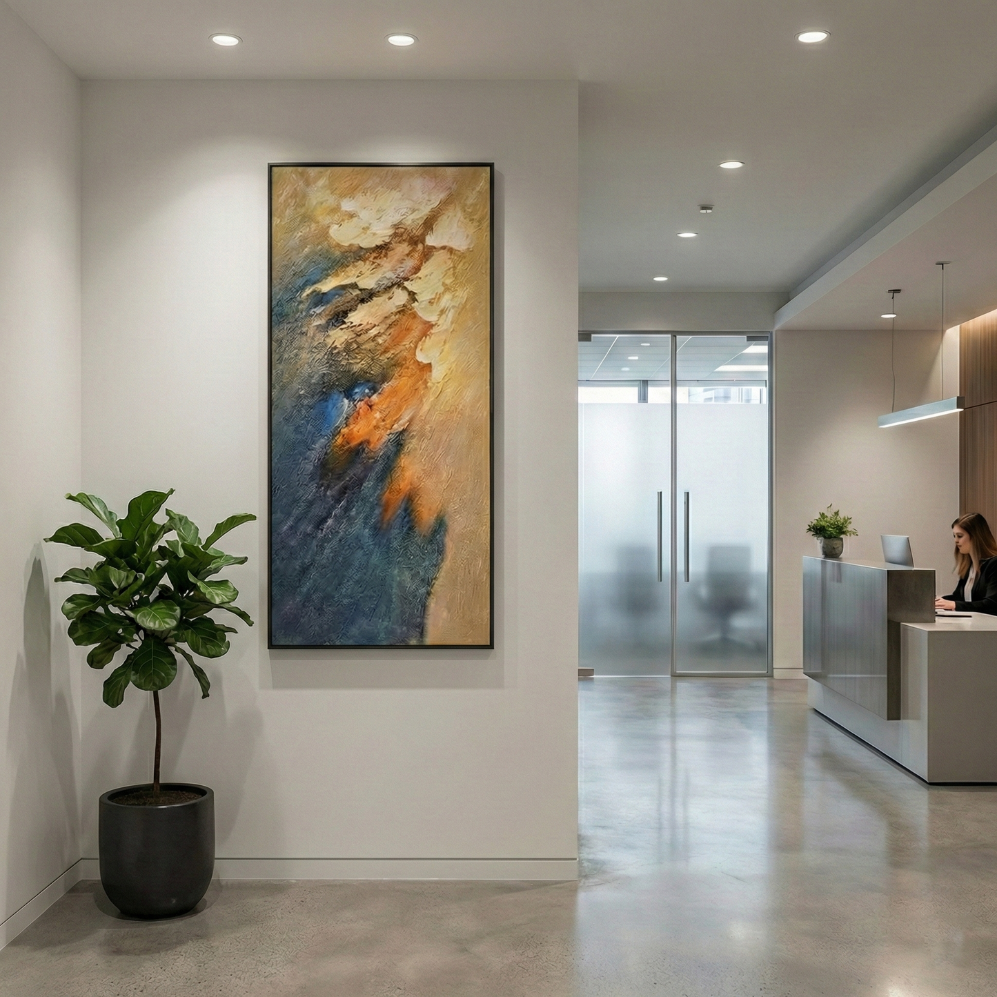 Meridian Strata vertical abstract artwork in a modern office lobby