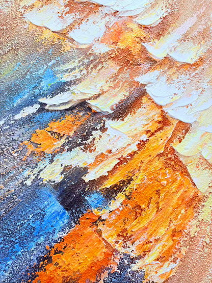 Close view of Meridian Strata blue, orange and cream impasto texture