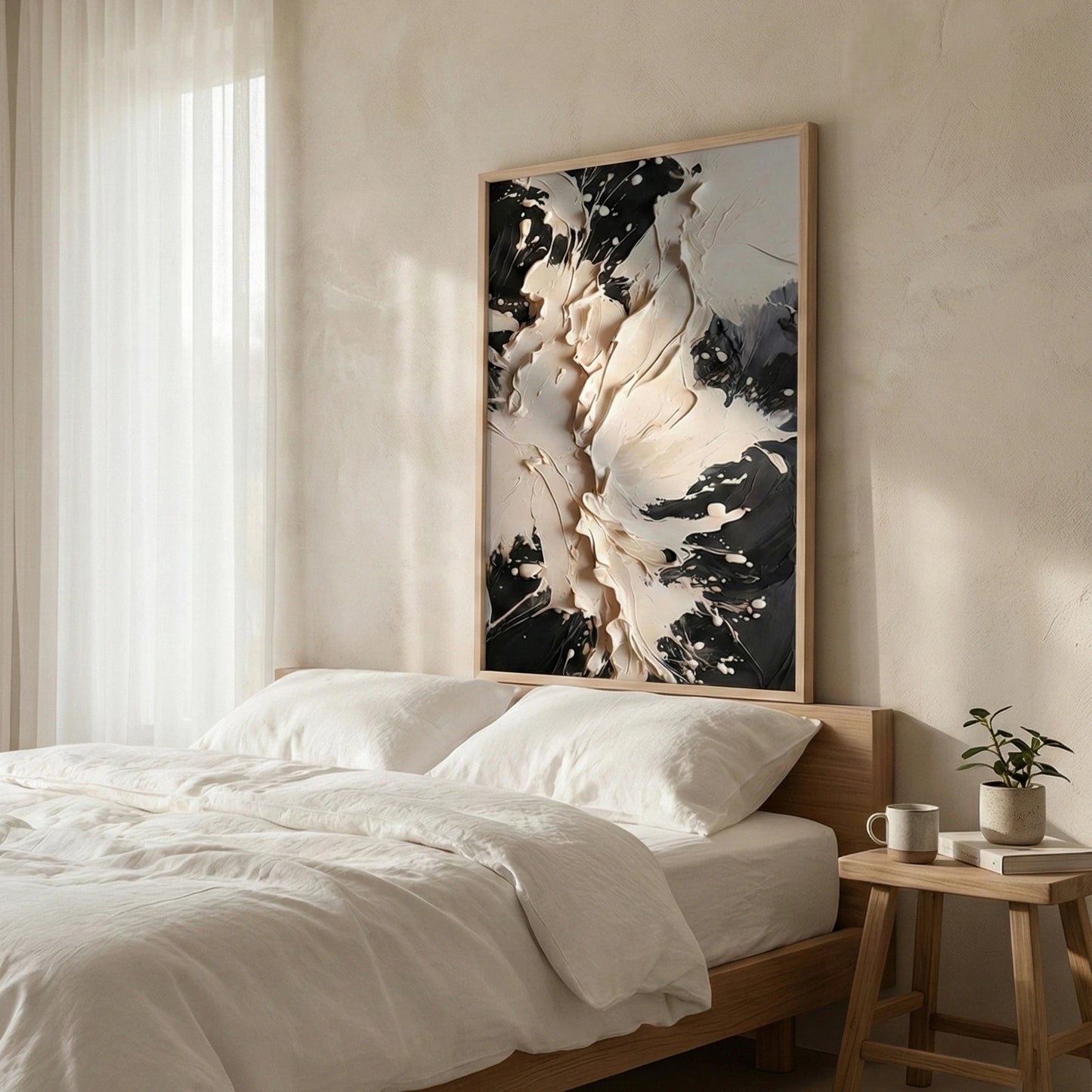 The Void above a wood bed in a neutral bedroom