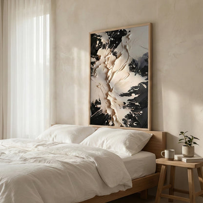 The Void above a wood bed in a neutral bedroom