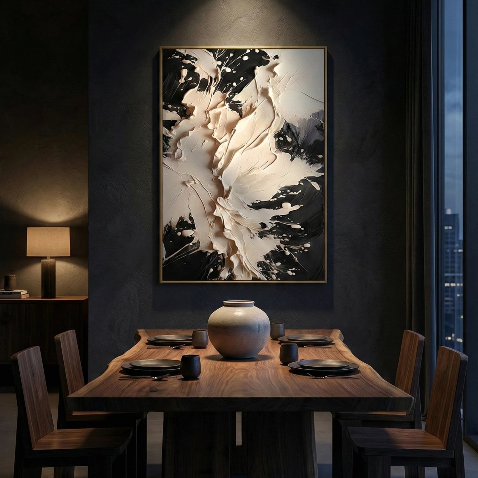 The Void black and white textured artwork in a dining room