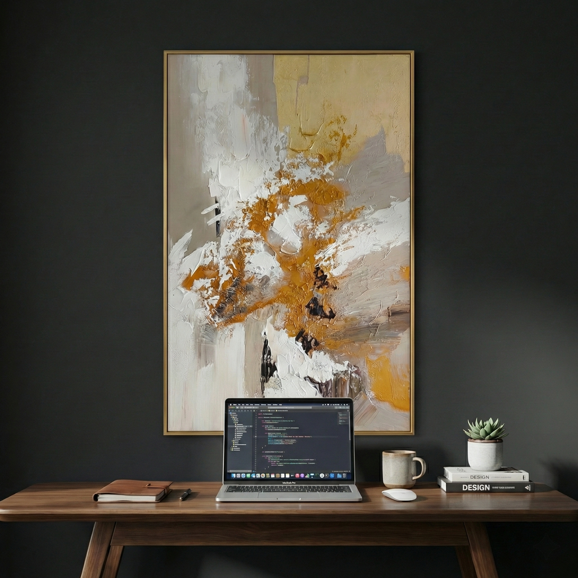 Aeterna ochre impasto wall art in a dark modern home office