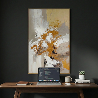 Aeterna ochre impasto wall art in a dark modern home office