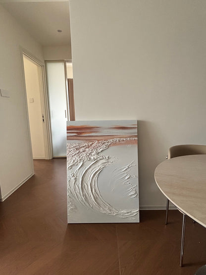 Unframed Aegean Oscillation canvas shown beside a dining table for scale