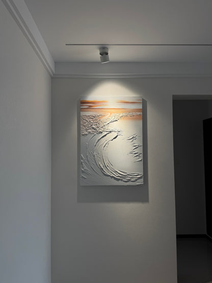 Aegean Oscillation textured wave painting displayed under a ceiling spotlight