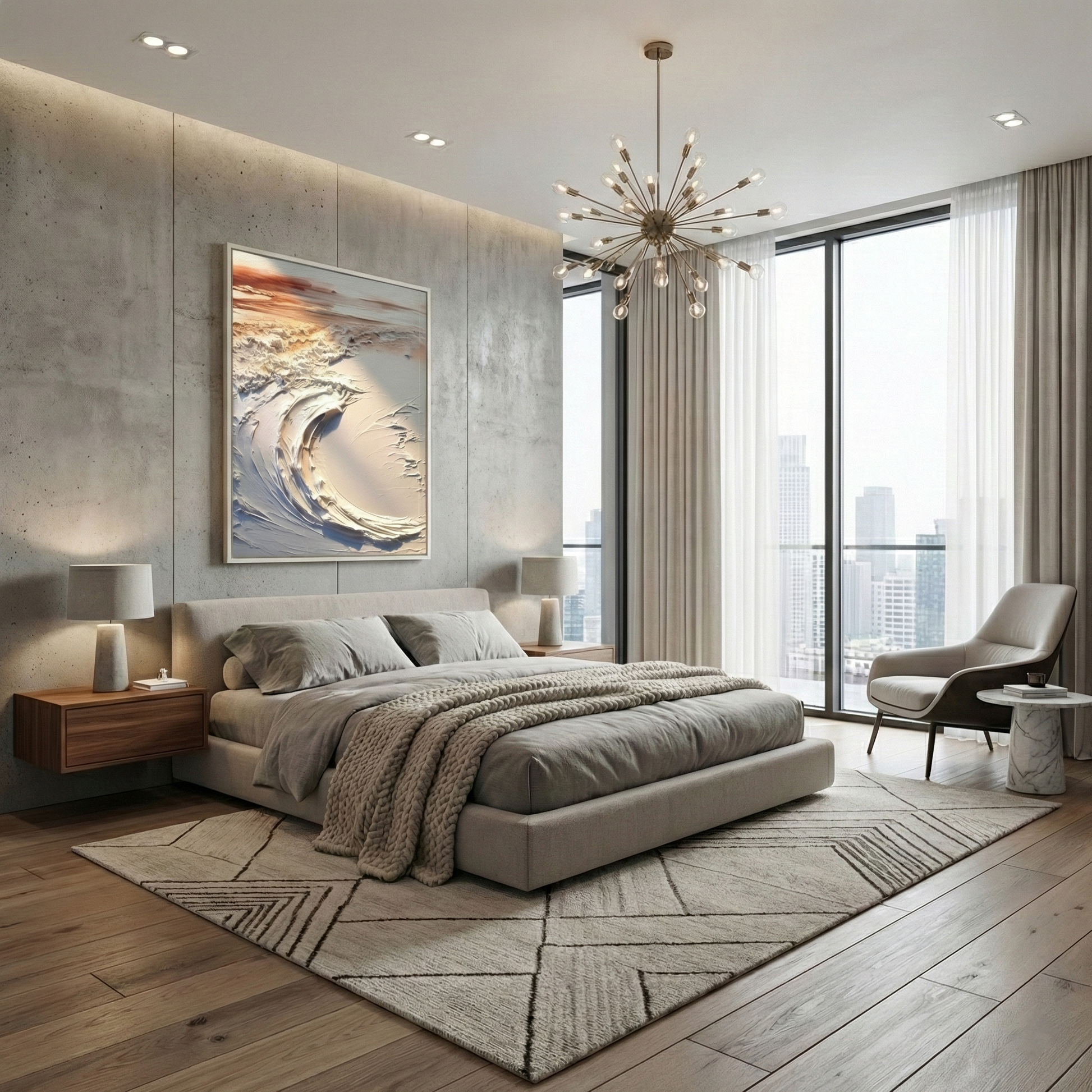Aegean Oscillation displayed above a bed in a gray and natural wood bedroom