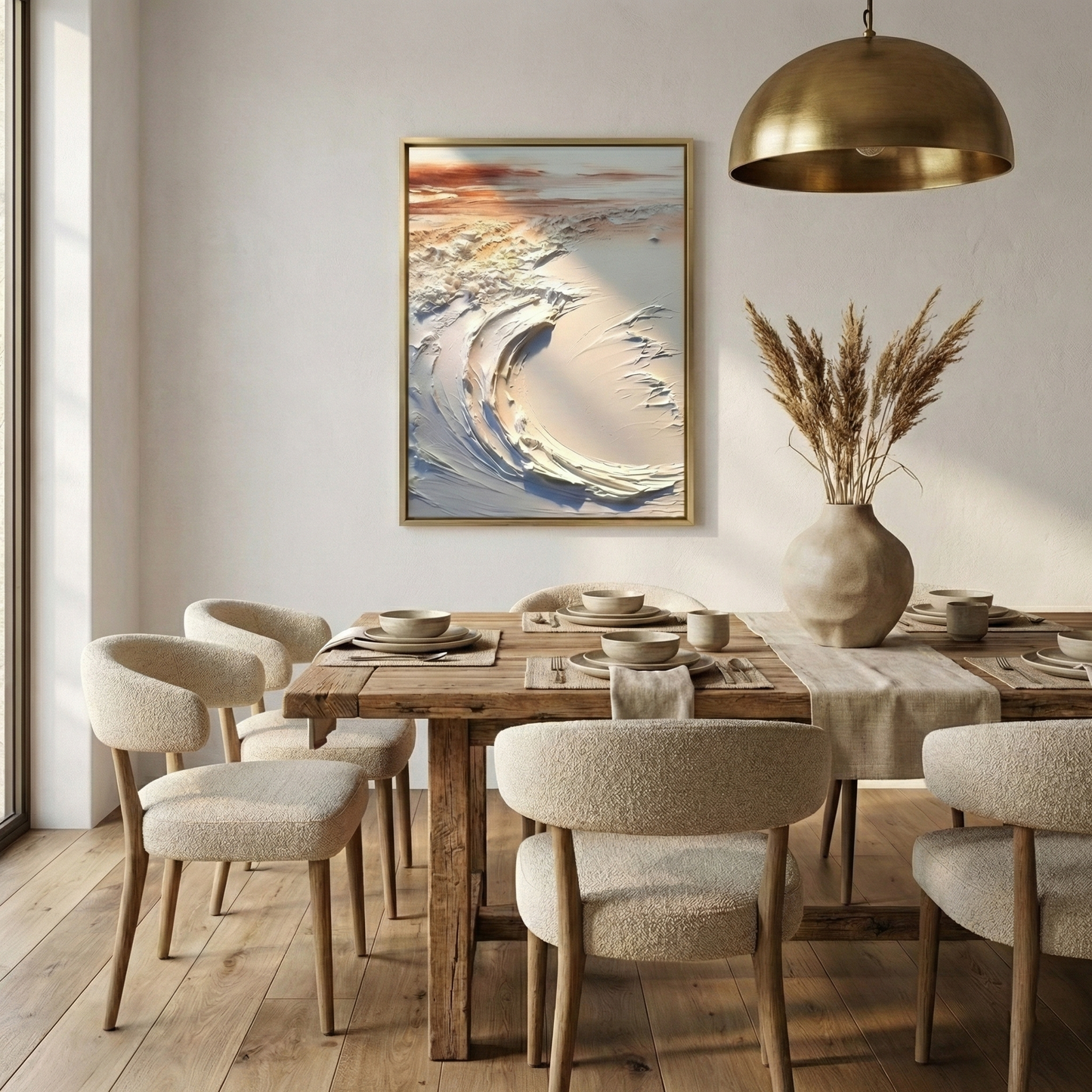 Aegean Oscillation displayed above a dining table in a warm neutral interior