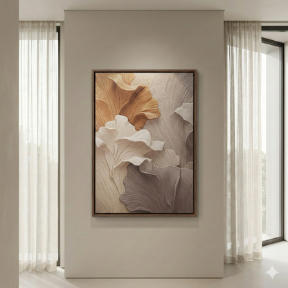 Falling Ginkgo displayed on a wall between two bright windows