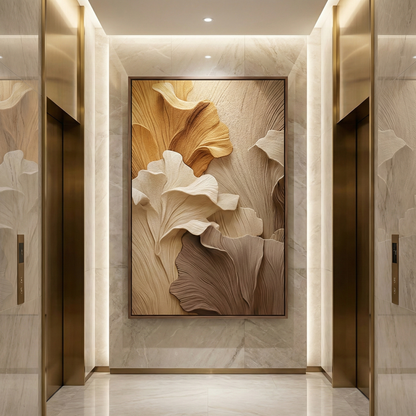 Falling Ginkgo textured leaf artwork in a hotel elevator lobby