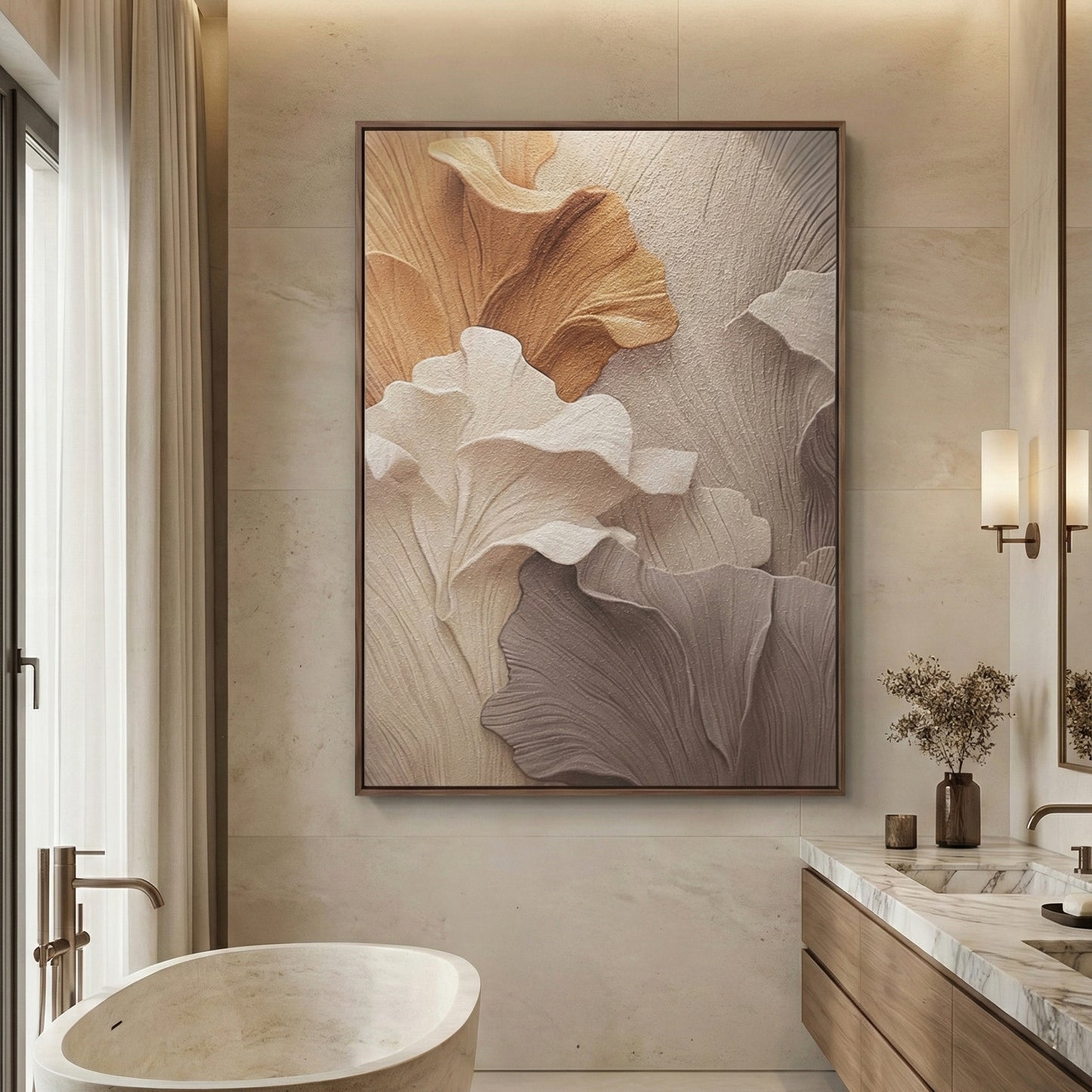 Falling Ginkgo shown above a neutral bathroom vanity