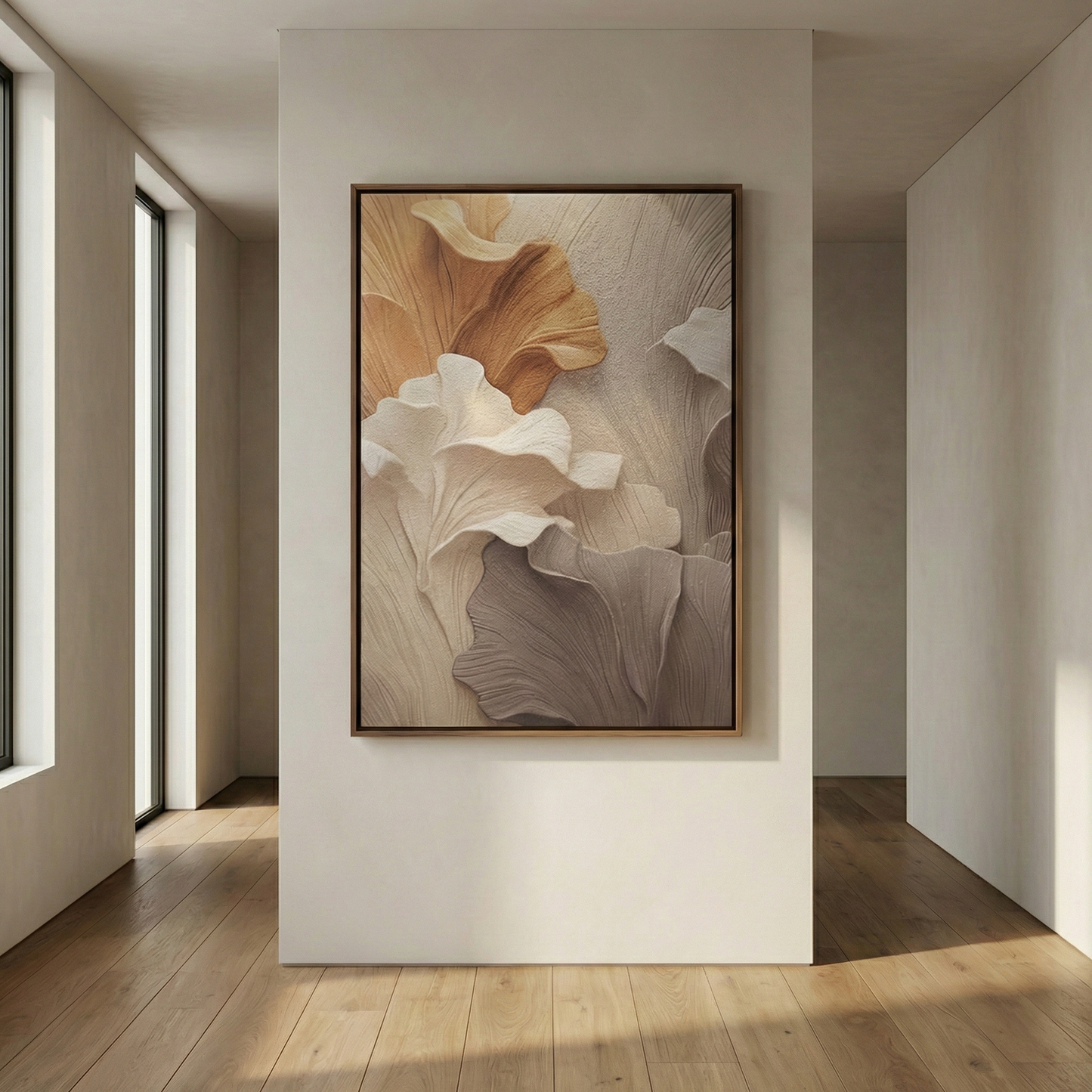 Falling Ginkgo on a narrow entryway wall with warm wood flooring