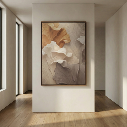 Falling Ginkgo on a narrow entryway wall with warm wood flooring
