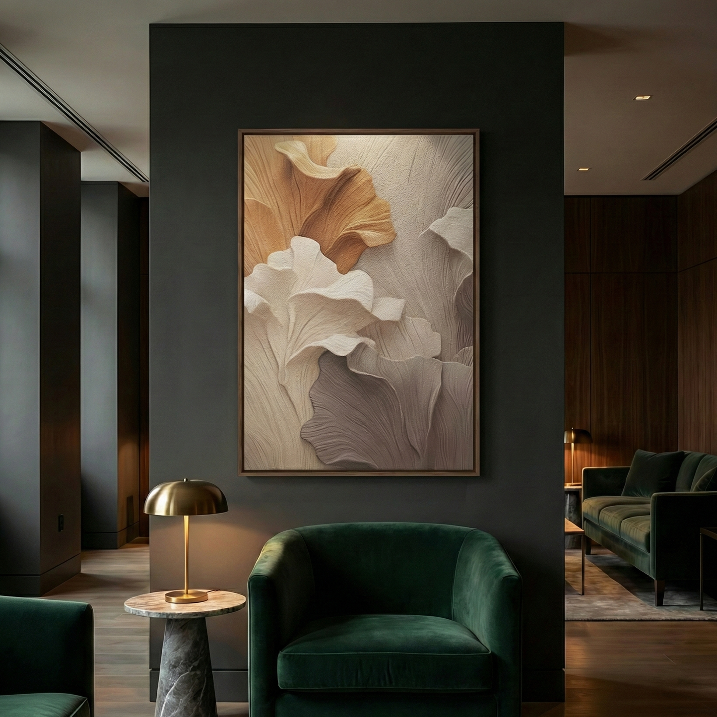 Falling Ginkgo above green velvet chairs in a dark lounge