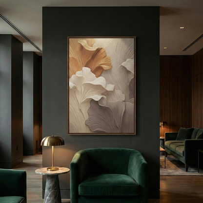 Falling Ginkgo above green velvet chairs in a dark lounge