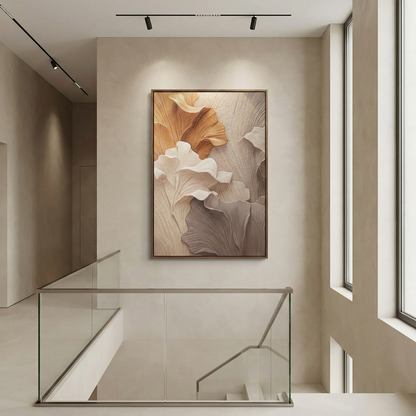 Falling Ginkgo vertical wall art above a bright stair landing