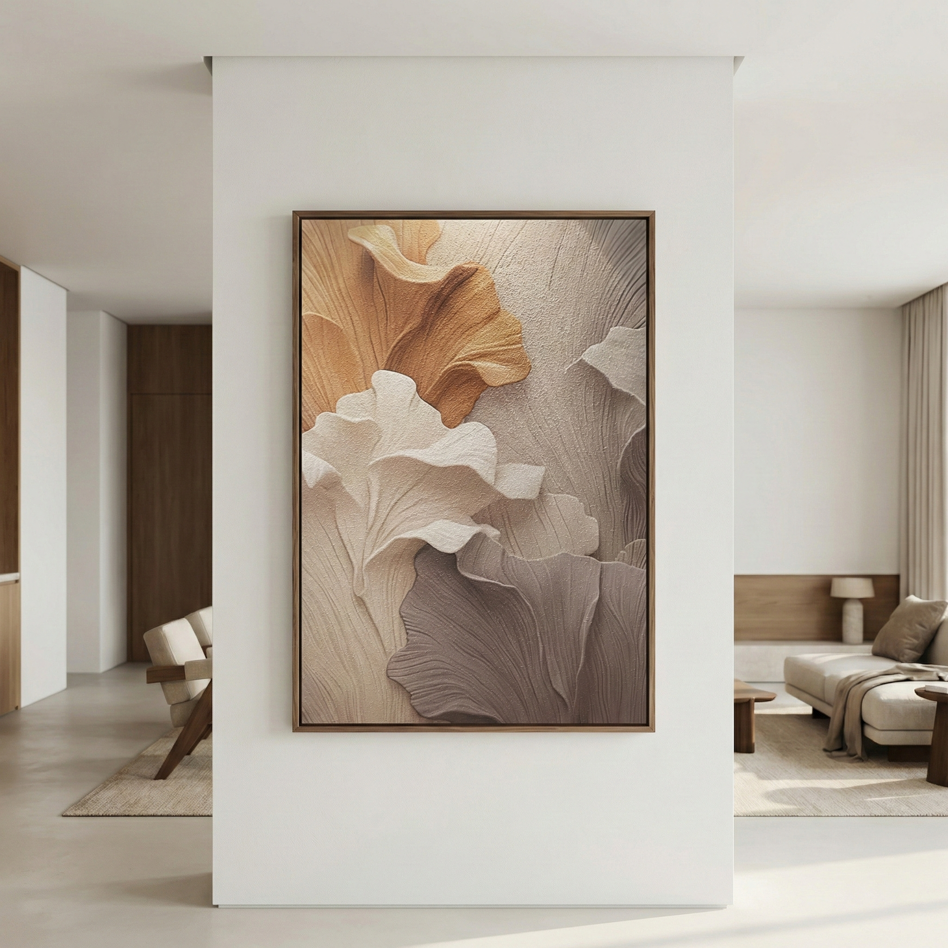 Falling Ginkgo on a structural column in a neutral living space
