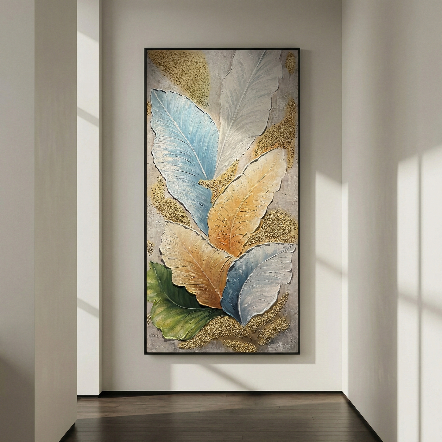 The Aurea Canopy tall artwork along a sunlit hallway