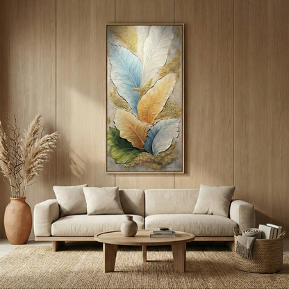 The Aurea Canopy above a neutral sofa on a wood-paneled wall