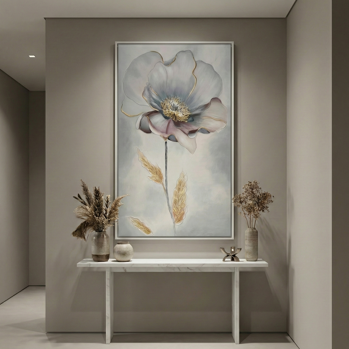 Aurelian Silence botanical wall art above a narrow entryway console