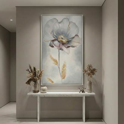 Aurelian Silence botanical wall art above a narrow entryway console