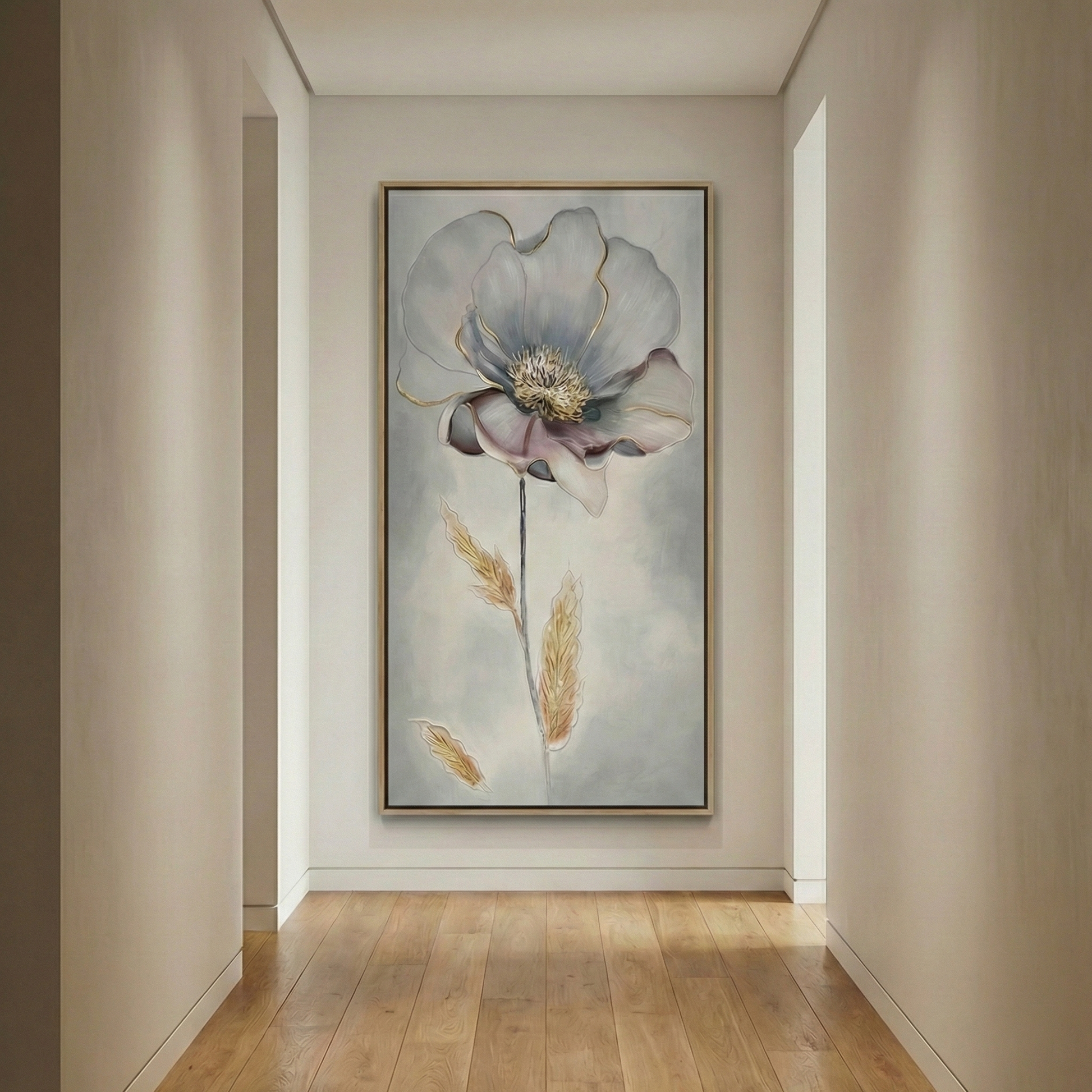 Aurelian Silence vertical floral wall art at the end of a hallway