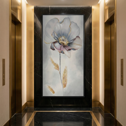 Aurelian Silence blue-gray and gold-toned flower art in a lift lobby