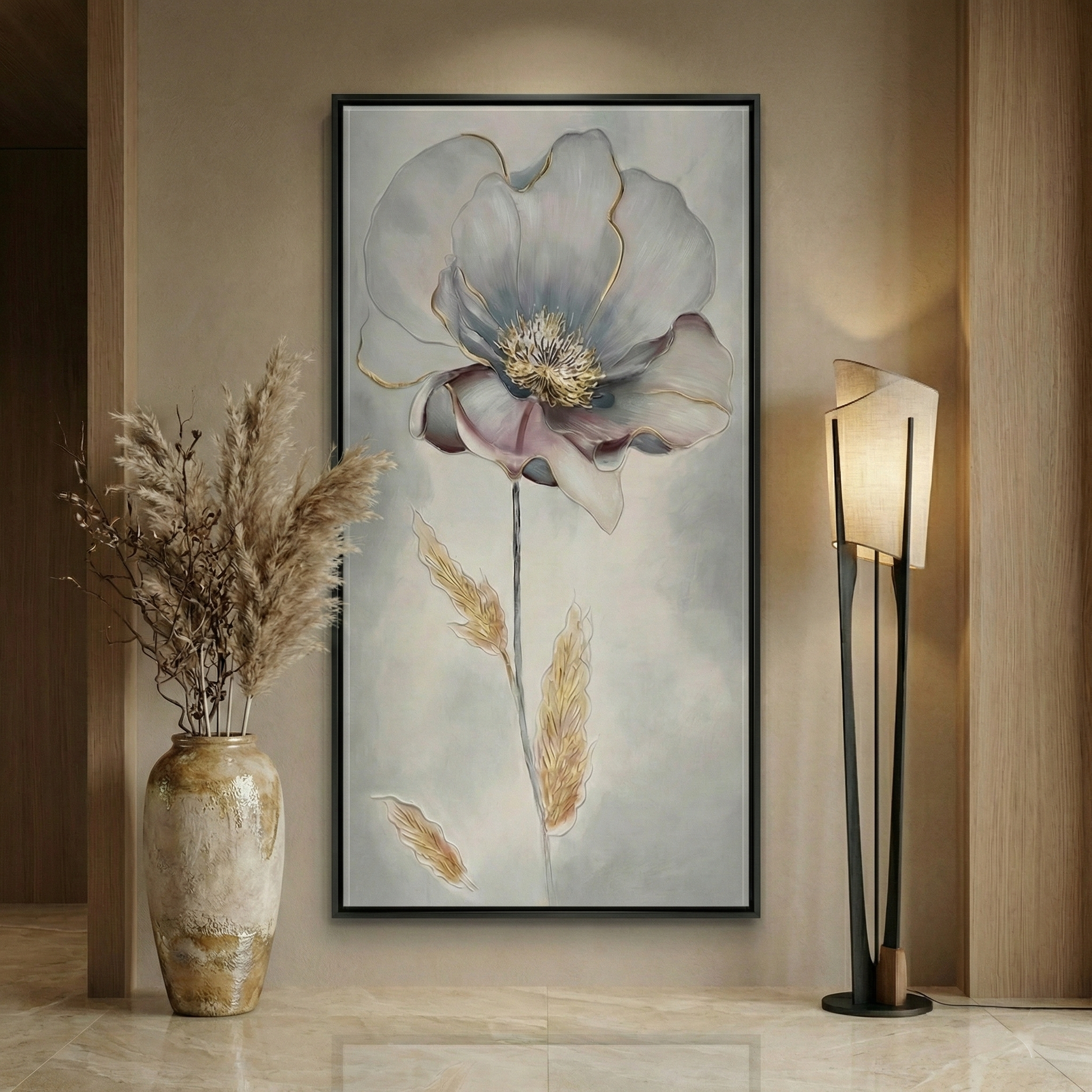 Aurelian Silence tall flower wall art in a warm wood interior