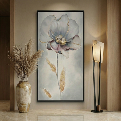 Aurelian Silence tall flower wall art in a warm wood interior