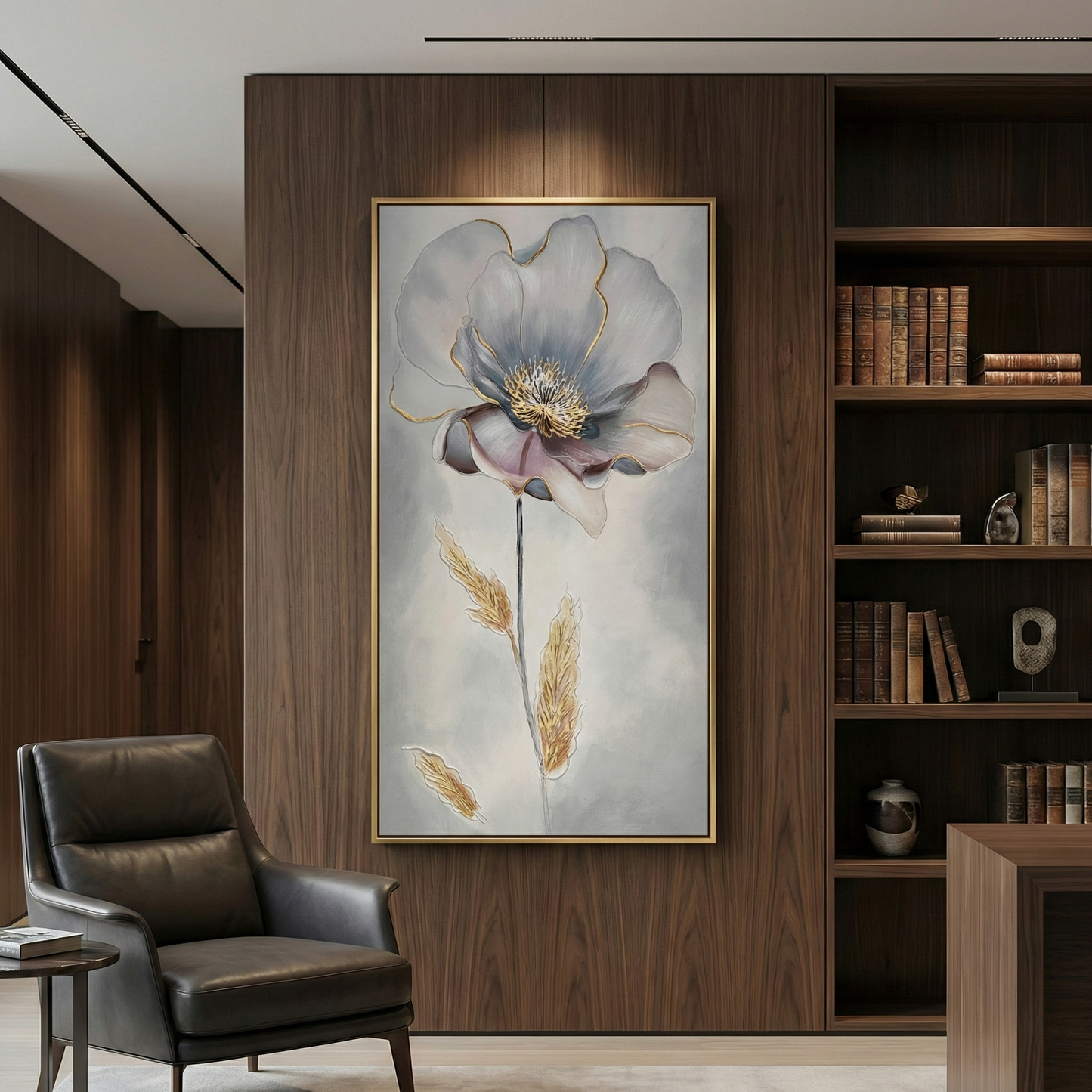 Aurelian Silence tall botanical wall art in a walnut home office