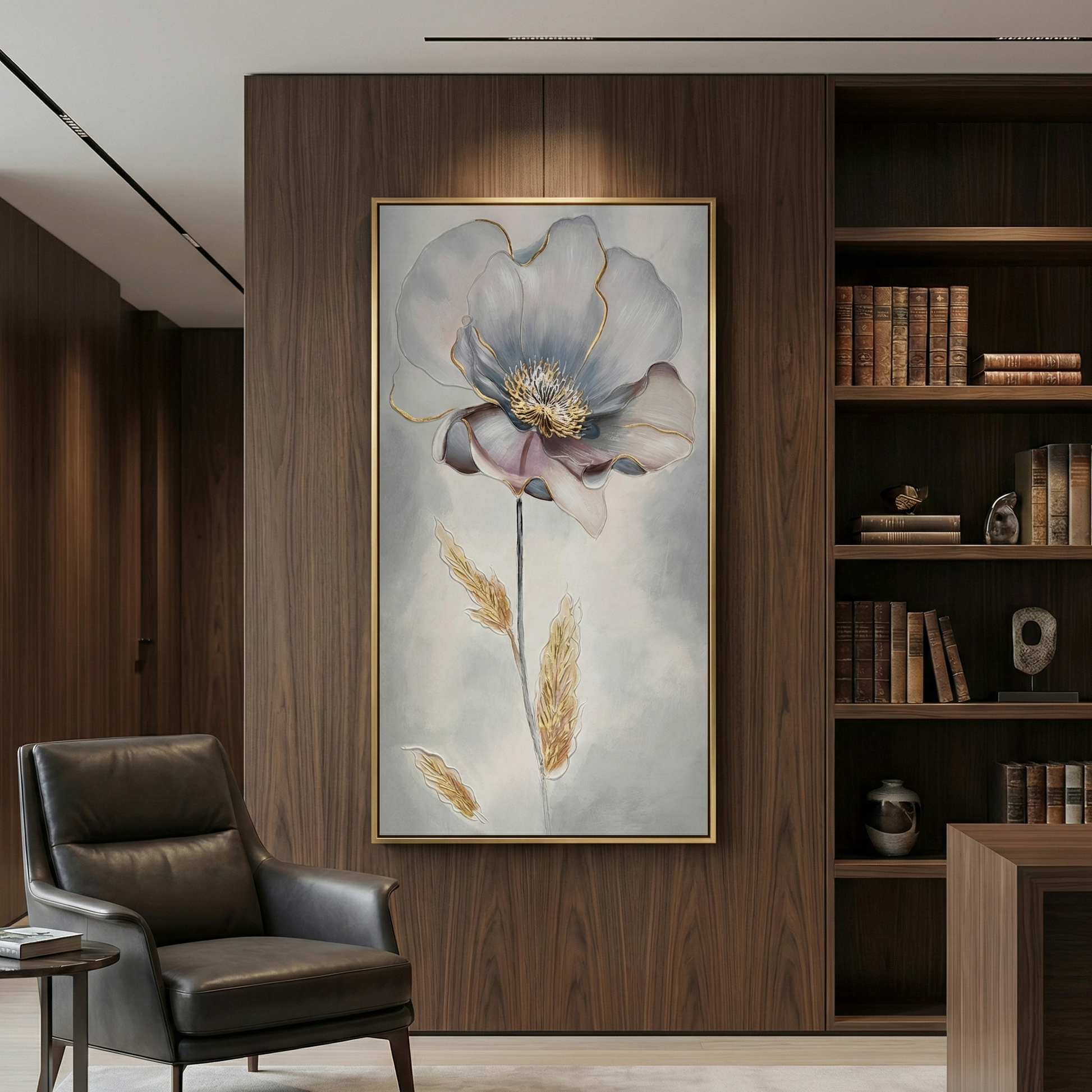 Aurelian Silence tall botanical wall art in a walnut home office