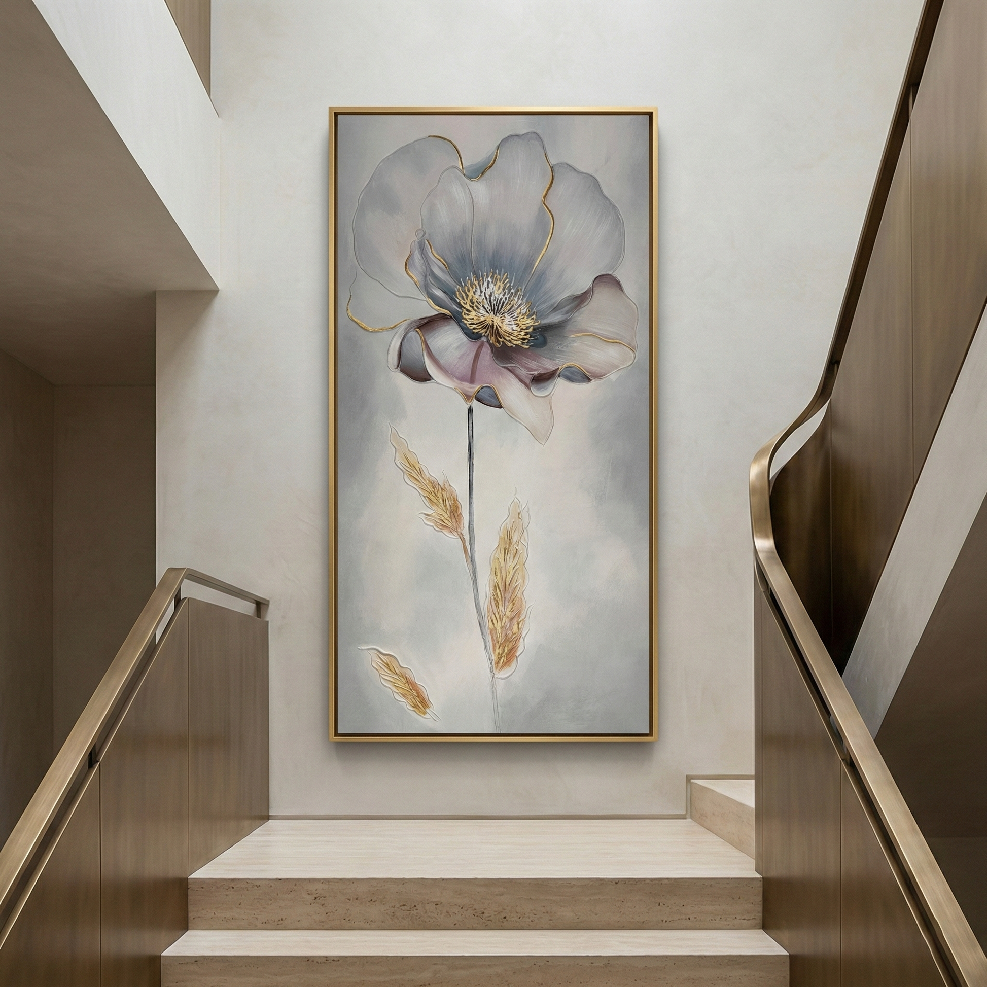 Aurelian Silence vertical botanical art on a staircase landing