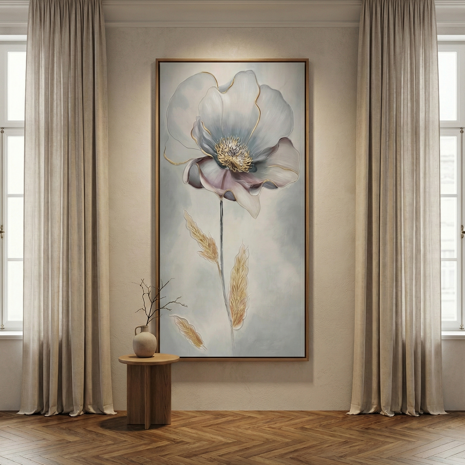 Aurelian Silence blue-gray floral wall art between tall neutral curtains