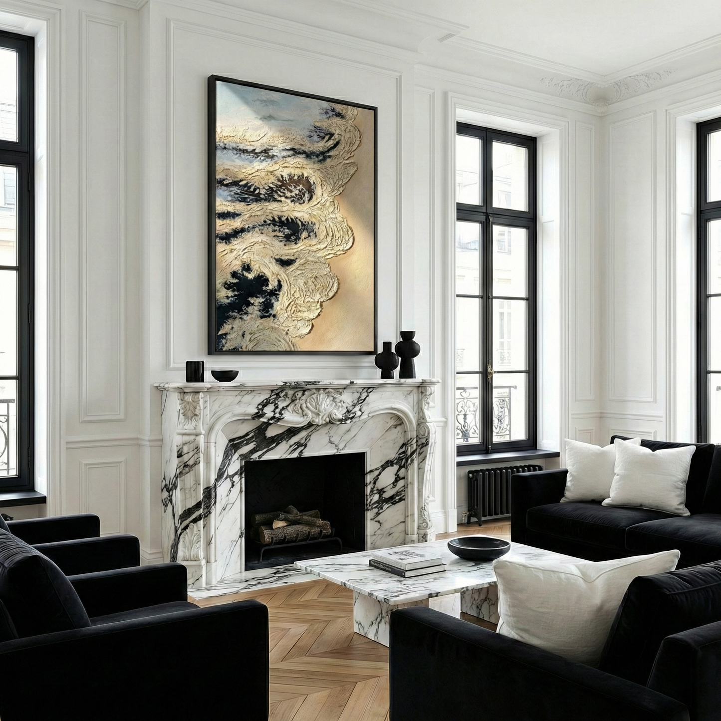 Calcified Meridian above a marble fireplace in a black and white living room