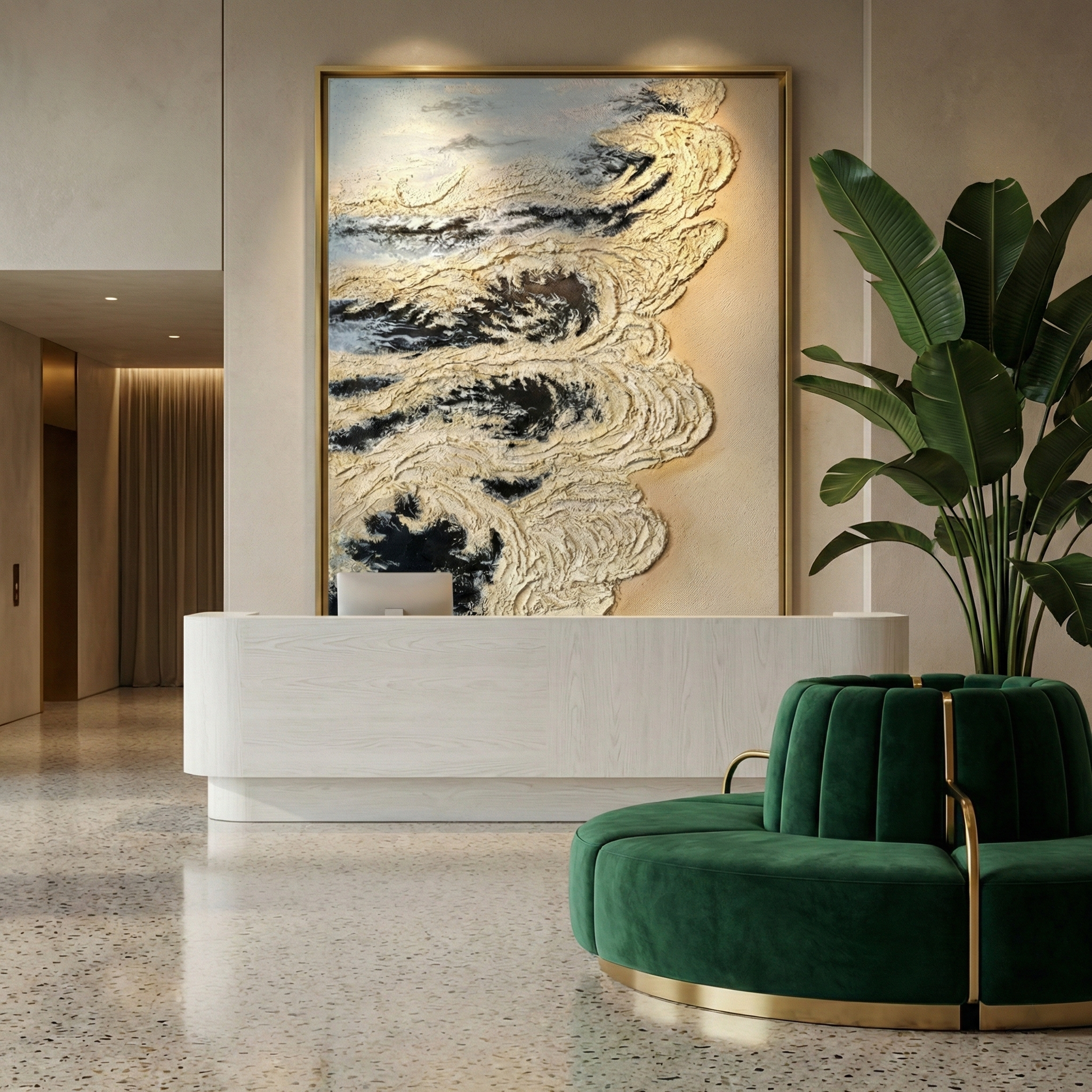 Calcified Meridian textured artwork behind a modern hotel reception desk