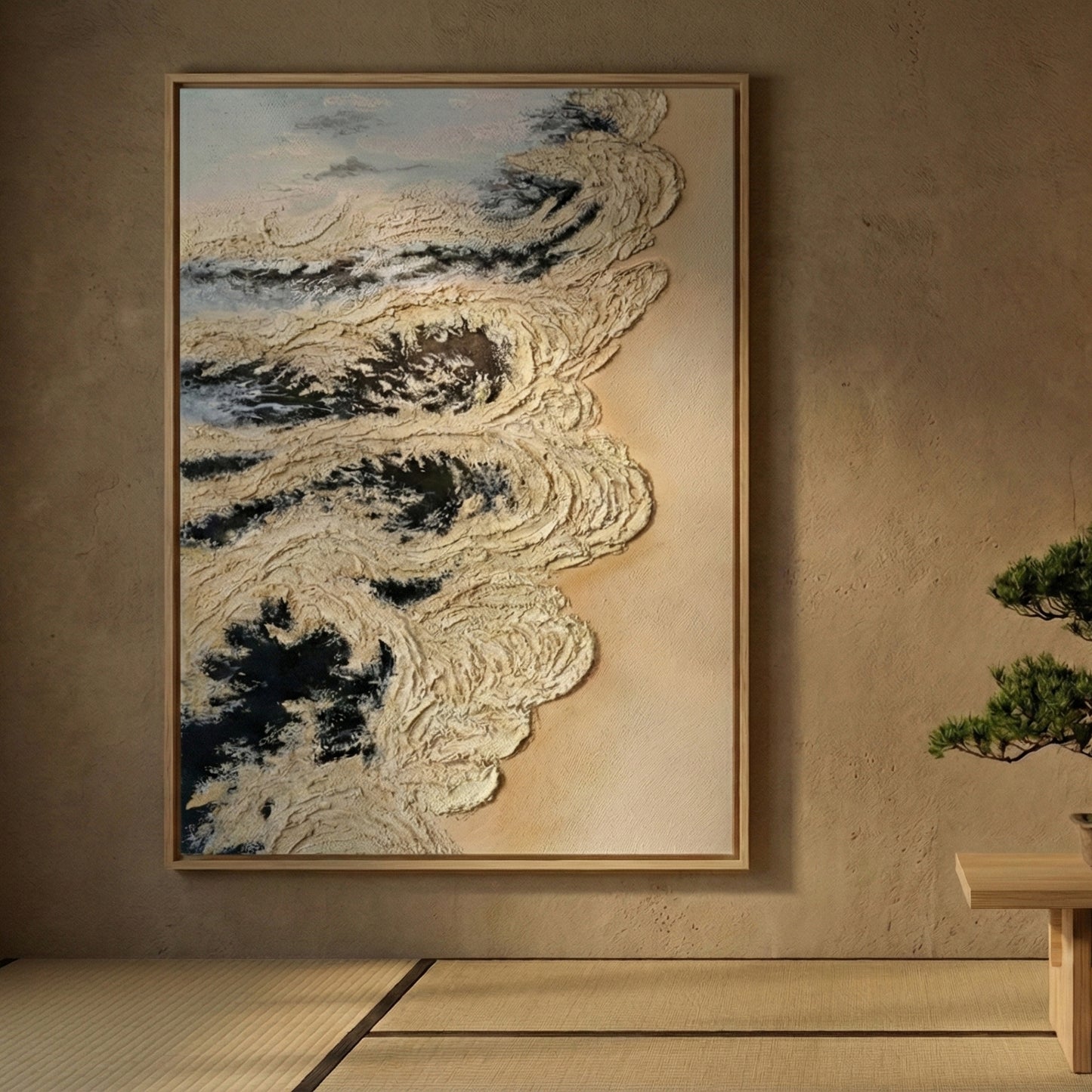 Calcified Meridian in a warm Japandi room with a bonsai tree