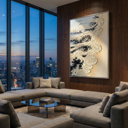 Calcified Meridian vertical artwork in a dark wood living room