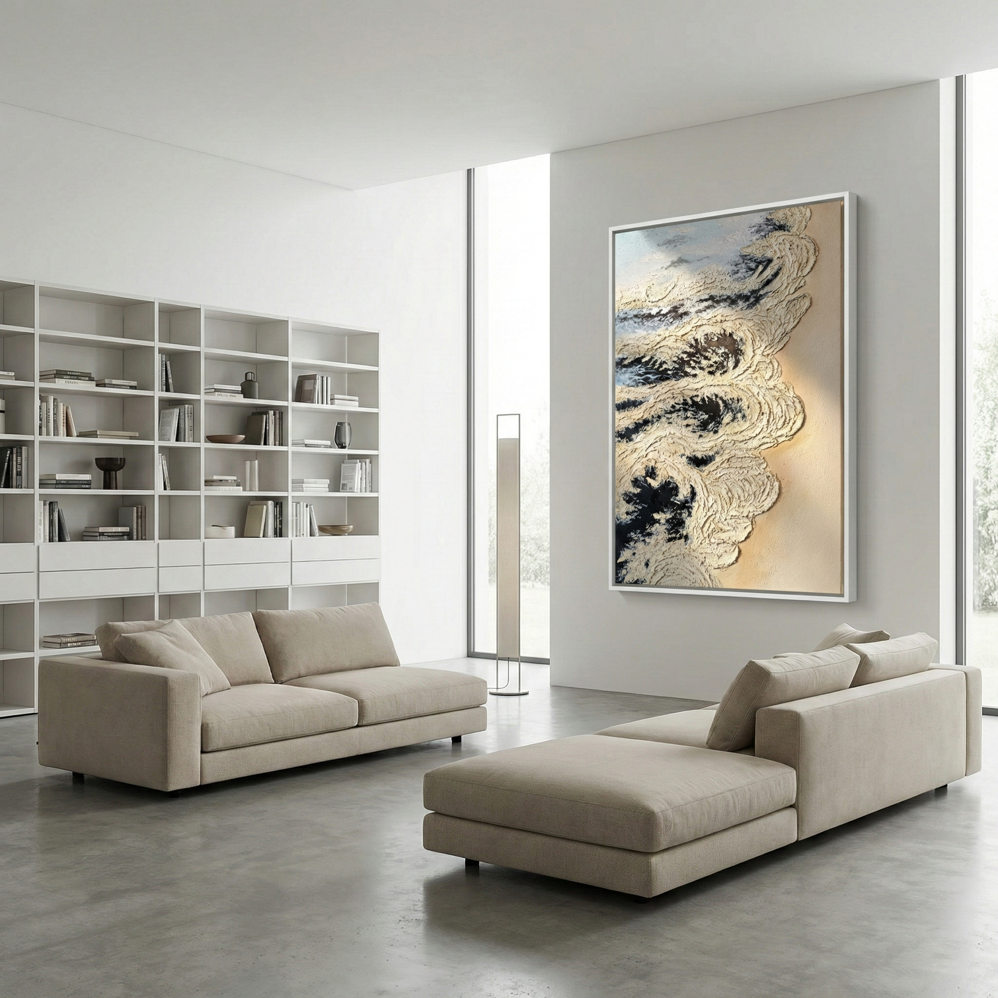 Calcified Meridian above neutral sofas in a modern living room