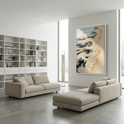 Calcified Meridian above neutral sofas in a modern living room