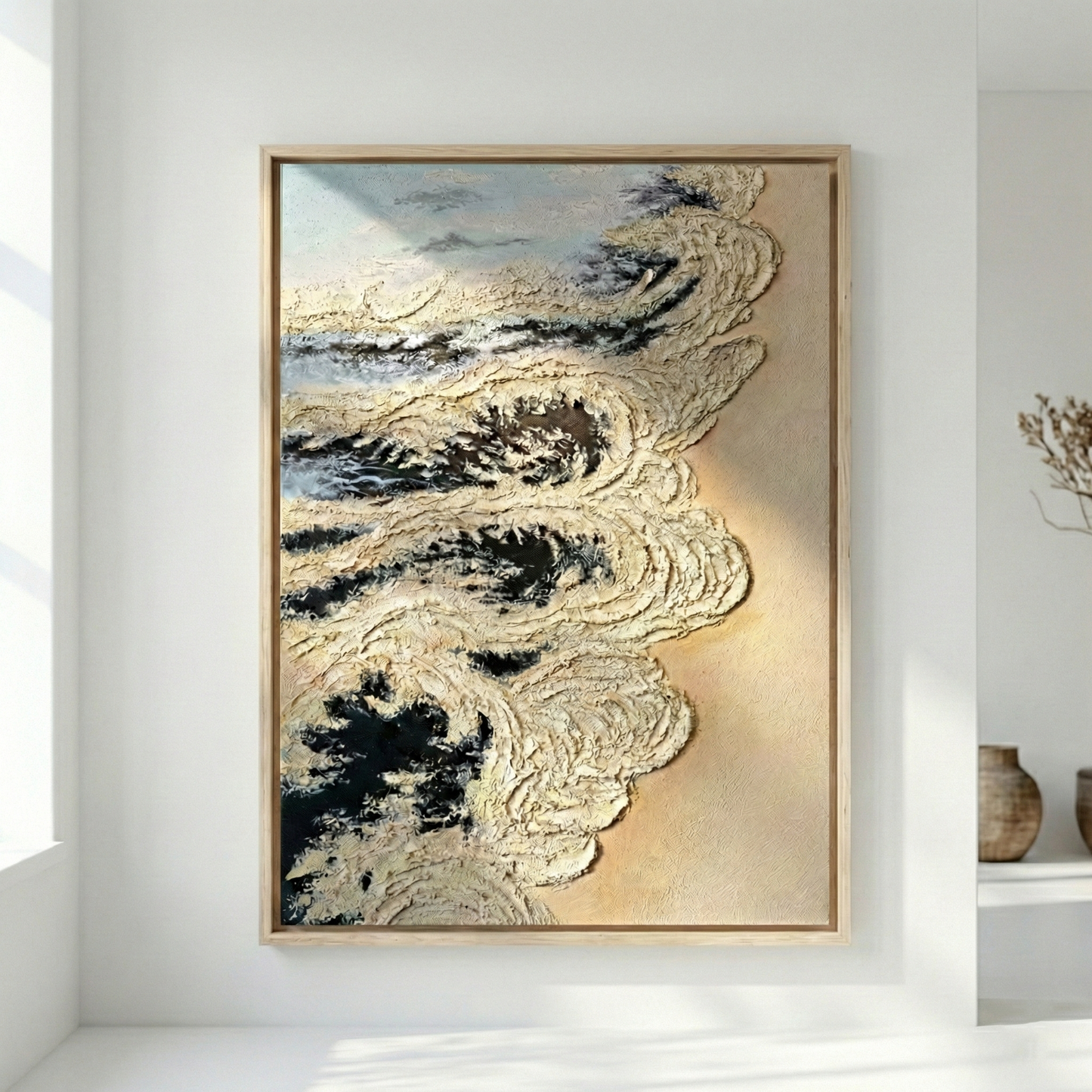 Calcified Meridian in a light wood frame against a white wall