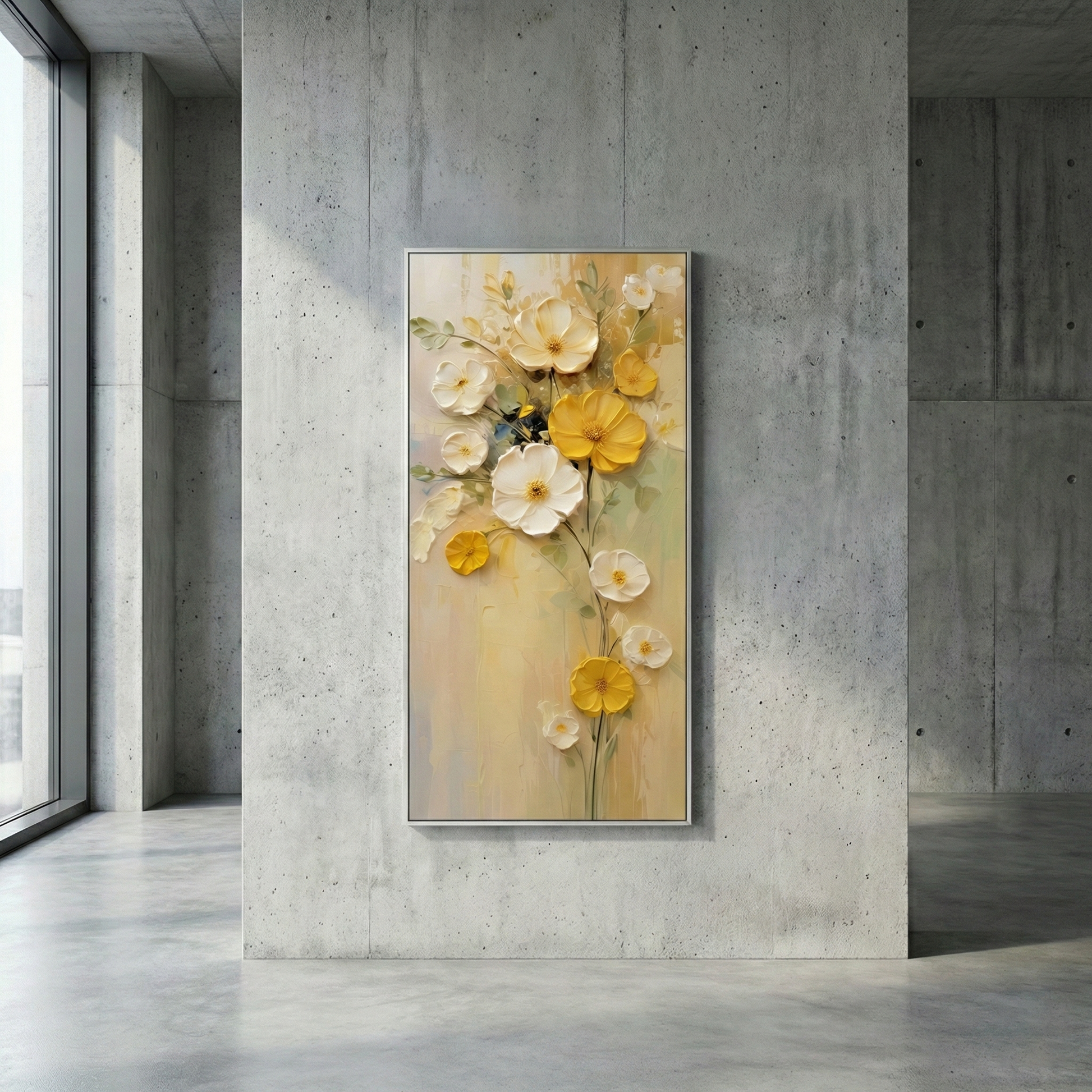 Cosmos Aeterna floral wall art against a concrete office wall