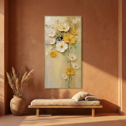 Cosmos Aeterna tall floral artwork on a terracotta wall