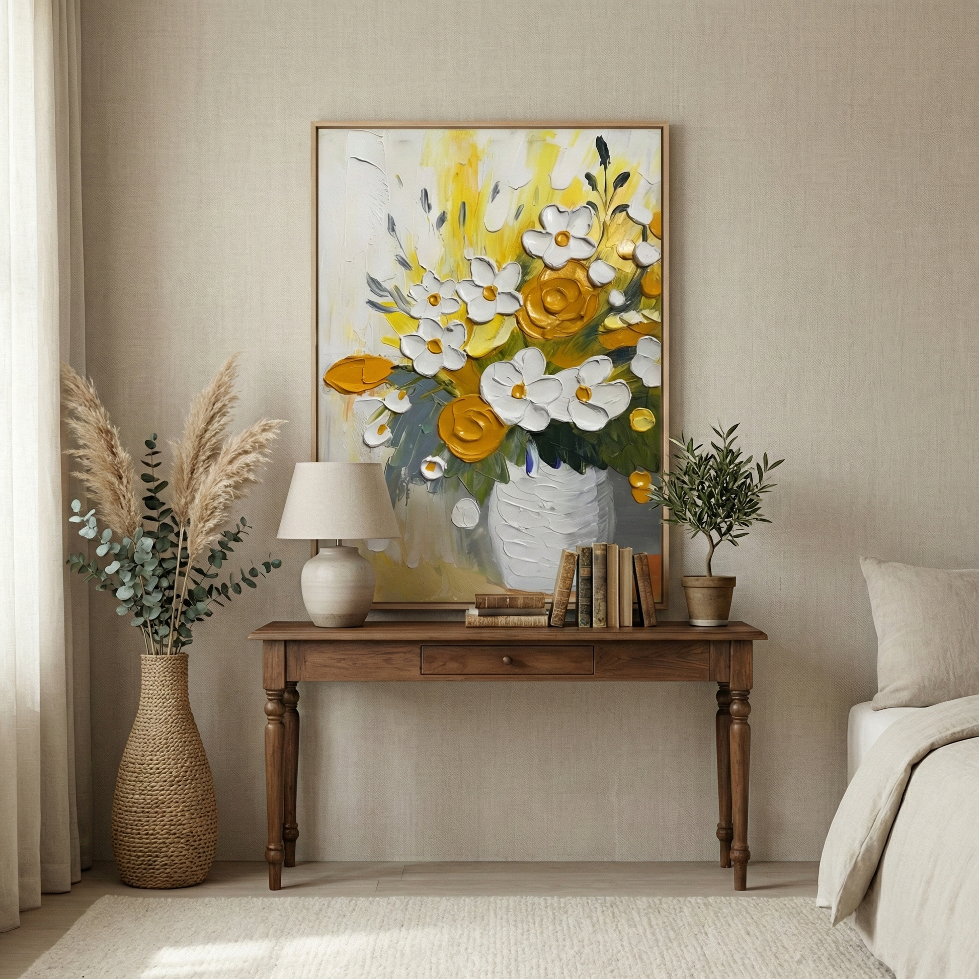 Solaris Impasto above a wood console in a warm bedroom