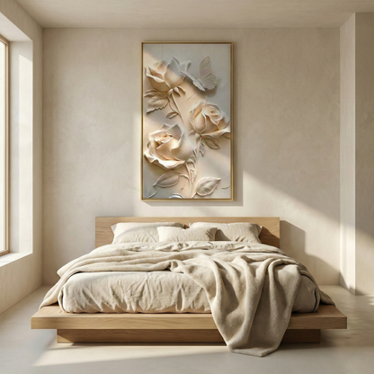 Luminous Petal above a low wood bed in a neutral bedroom