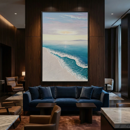 Ethereal Tide coastal art above a navy sofa in a dark lounge