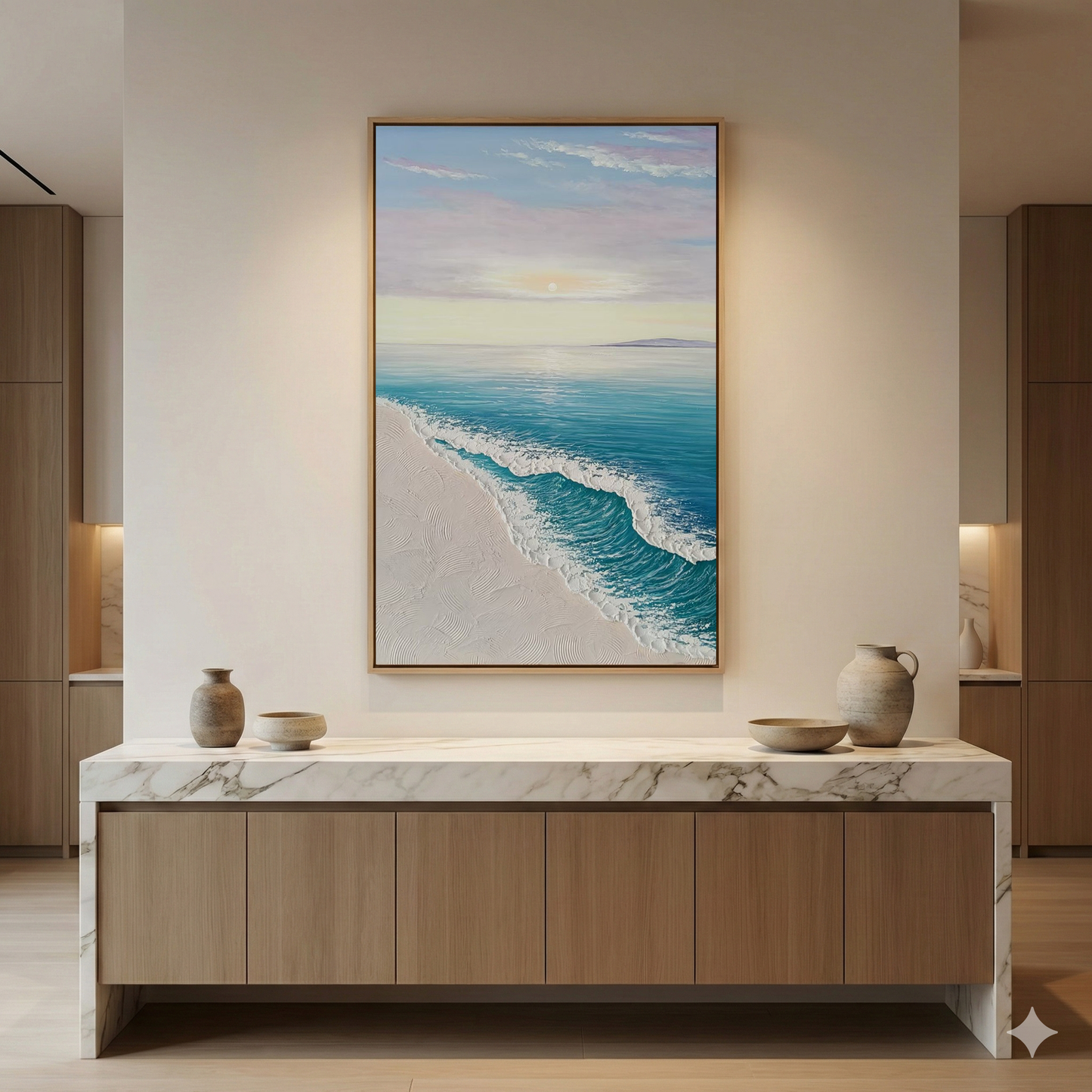 Ethereal Tide above a wood and marble dining cabinet