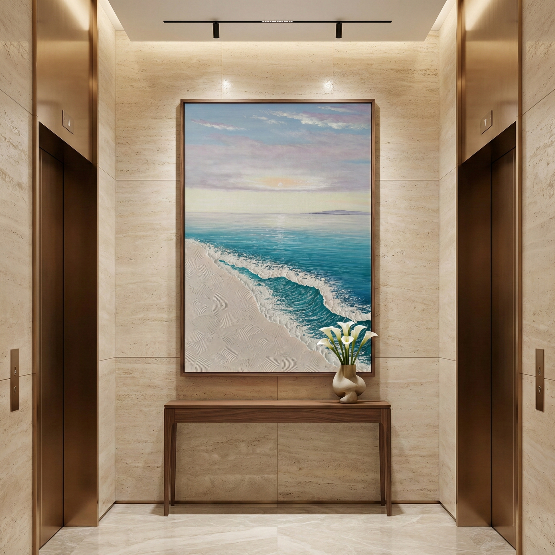 Ethereal Tide coastal statement art in a hotel elevator lobby