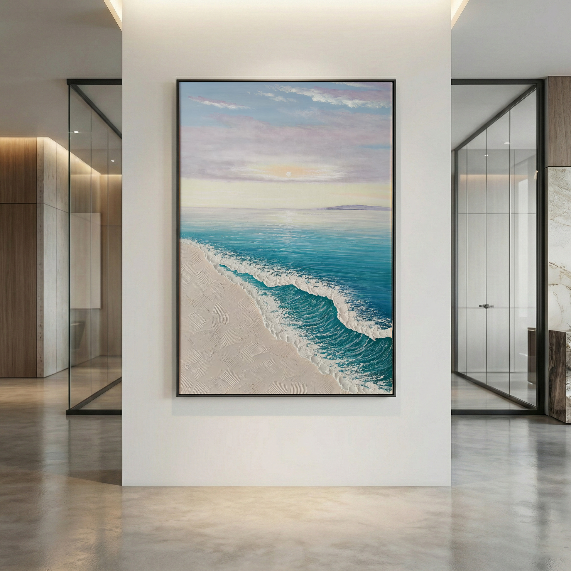 Ethereal Tide vertical coastal art in a modern office