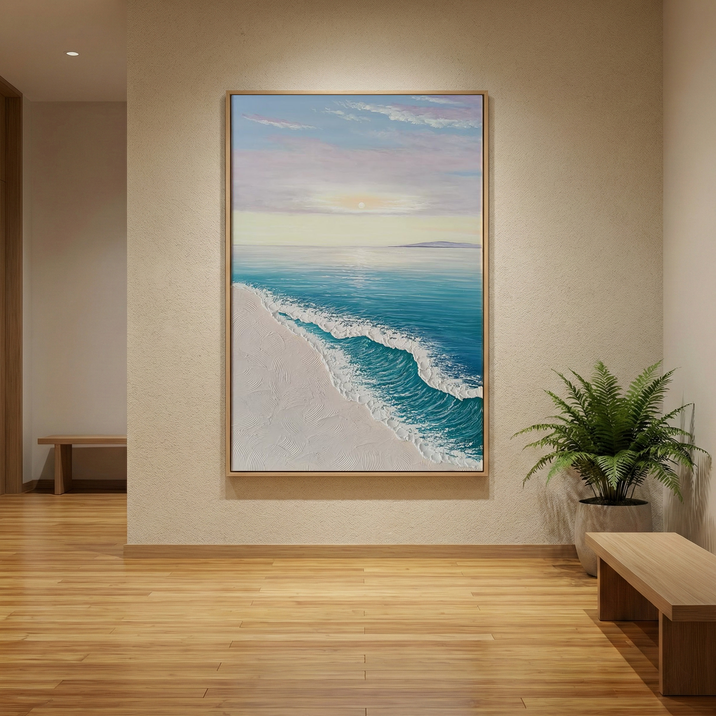 Ethereal Tide turquoise shoreline art in a warm spa interior